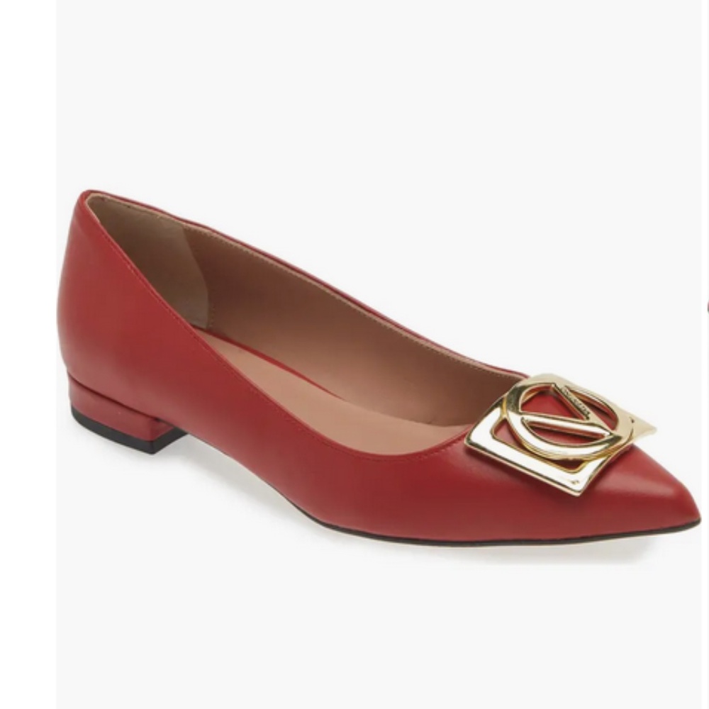 Valentino By Mario Valentino Red Pointed Toe Leather Flats with Gold Logo Accent